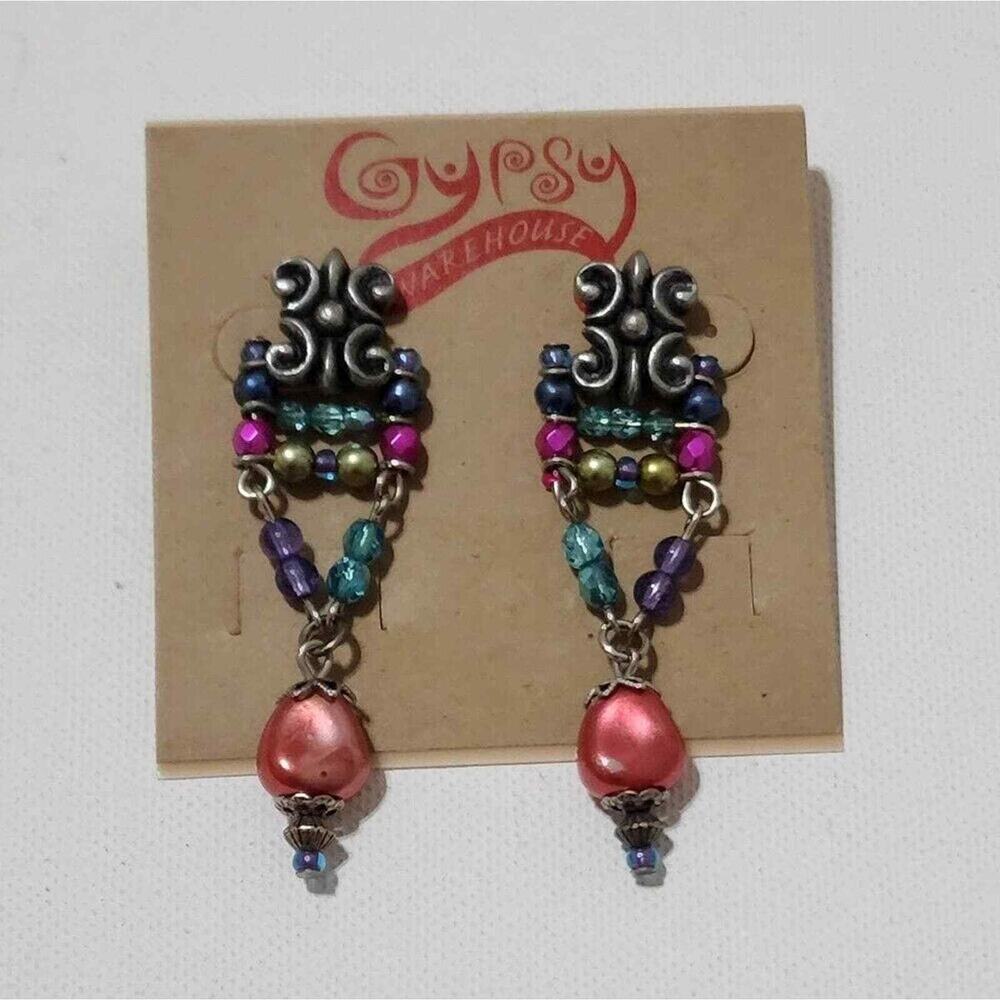 Treska Gypsy Boho Beaded Dangle Earrings Silver Tone Multicolor Glass Drop